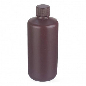 DWK Life Sciences Wheaton Starlin Amber Color Bottle - Starlin Narrow-Mouth Round HDPE Plastic Bottle with Attached Cap and No-Drip Pour Lip, Amber, 500 mL - 209129