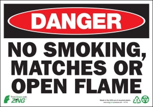 Zing Enterprises LLC Danger No Smoking, Matches or Open Flame Signs - SIGN, DANGER NO SMOKING, OPN FLM, 7X10, AL - 1110A