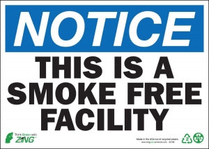 Zing Enterprises LLC Notice Smoke Free Facility Signs - SIGN, NOTICE SMOKE FREE FACILITY, 10X14 SA - 2136S