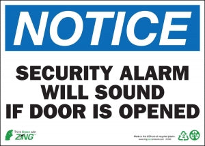 Zing Enterprises LLC Notice Security Alarm Will Sound Signs - SIGN, NOTICE SECURITY ALARM, 10X14, PL - 2140