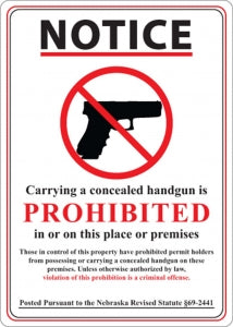 Zing Enterprises LLC Nebraska Concealed Weapons Prohibited Signs - SIGN, CONCEALED CARRY, NEBRASKA, 14X10, AL - 2804A