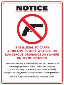 Zing Enterprises LLC Ohio No Concealed Weapons Signs - SIGN, CONCEALED CARRY, OHIO, 14X10, AL - 2805A