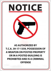 Zing Enterprises LLC Tennessee No Concealed Weapons Signs - SIGN, CONCEALED CRRY, TENNESSEE, 14X10, AL - 2807A