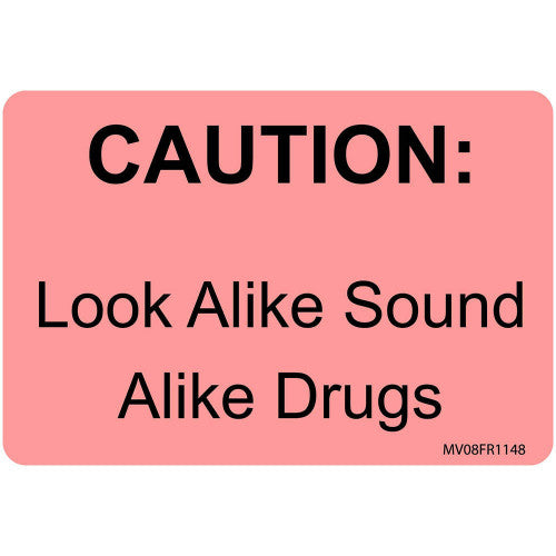 PDC Healthcare Permanent Paper Communication Labels - "Caution: Look Alike Sound Alike Drugs" Label, 2-15/16" x 2", Fluorescent Red - MV08FR1148