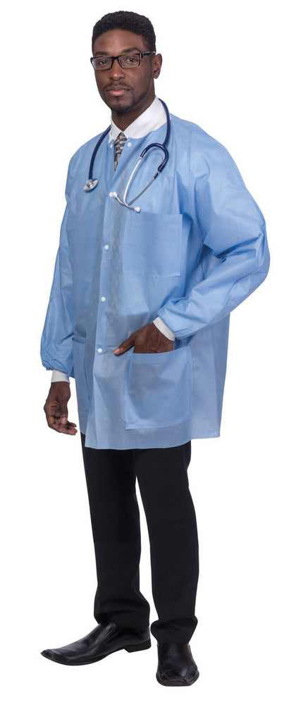 S2S Global PremierPro Fluid-Resistant Disposable Lab Jacket - PremierPro Fluid-Resistant Disposable Lab Jacket with Knit Collar and Cuffs, Blue, Size XL - 2715