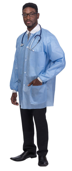 S2S Global PremierPro Fluid-Resistant Disposable Lab Jacket - PremierPro Fluid-Resistant Disposable Lab Jacket with Knit Collar and Cuffs, Blue, Size 2XL - 2716