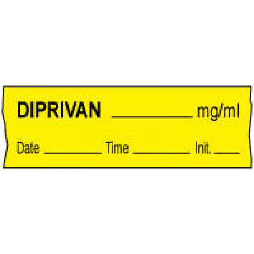 PDC Healthcare Removable Anesthesia Tapes with Date, Time and Initials - LABEL, "DIPRIVAN MG / ML", YELLOW - 59726451