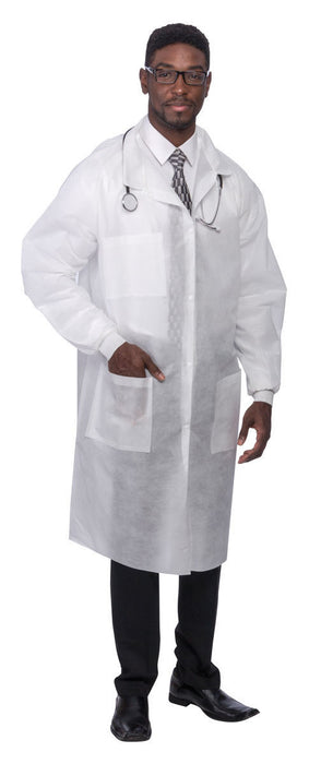 S2S Global PremierPro Disposable Lab Coats - PremierPro Disposable Lab Coat, SMS, Traditional Collar and Knit Cuffs, White, Size XL - 26135