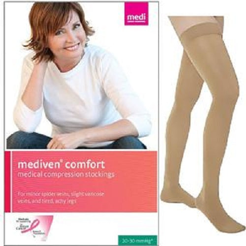 Mediven Comfort Compression Stocking Thigh-High Closed Toe with Silicone Top Band, 30 to 40 mmHg, Size 2 Petite, Natural