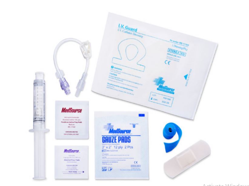 Medsource IV Start Kits - IV Starter Kit with IV Guard Sterile Dressing, Alcohol Prep Pad, 2" x 2" Sterile Gauze Sponge, Povidone Iodine Pre Pad, 1" x 3" Sterile Bandage, Tourniquet, 10 cc NaCl syringe, 8" IV Extension Set - MS-80044