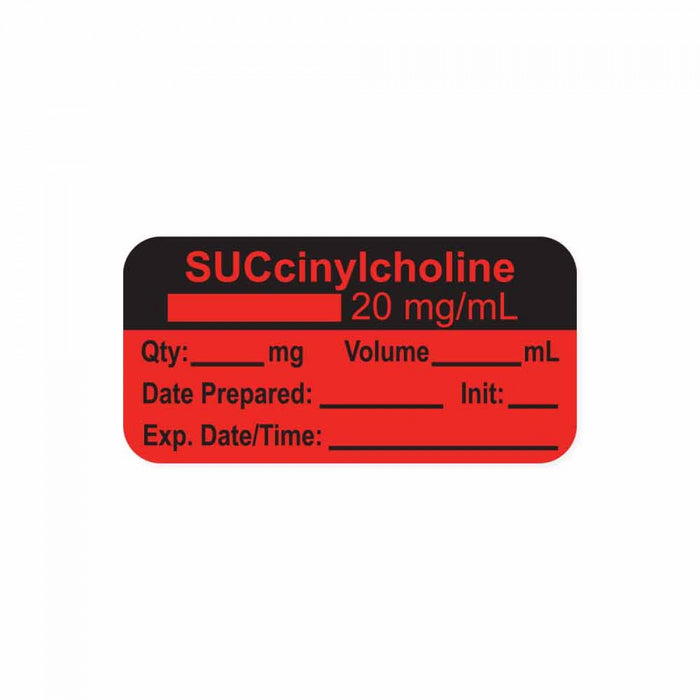 Anesthesia Label, With Experation Date, Time, And Initial, Paper, Permanent, "Succinylcholine 20 Mg/Ml", 1" Core, 1-1/2" X 3/4", Fl. Red, 500 Per Roll