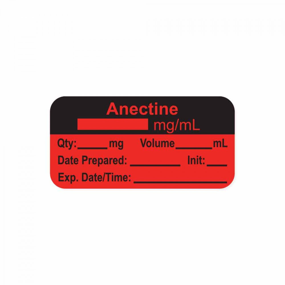 Anesthesia Label, With Experation Date, Time, And Initial, Paper, Permanent, "Anectine Mg/Ml", 1" Core, 1-1/2" X 3/4", Fl. Red, 500 Per Roll