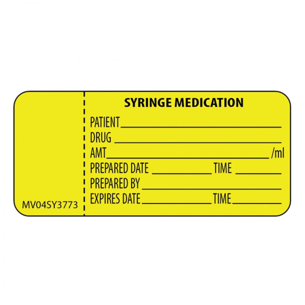 Label Paper Permanent Syringe Medication 1" Core, 2-1/4" X 1" Yellow 420 Per Roll