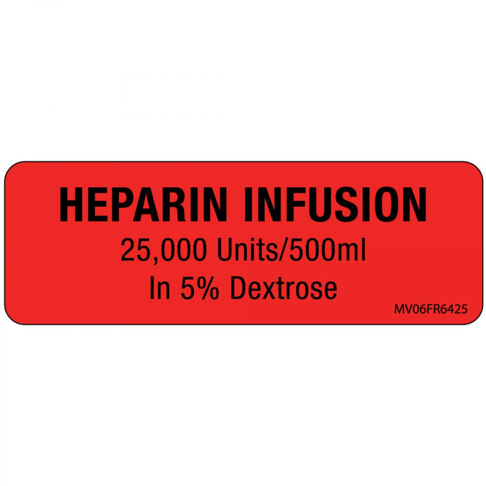 Label Paper Permanent Heparin Infusion 1" Core 2 15/16" X 1 Fl. Red 333 Per Roll