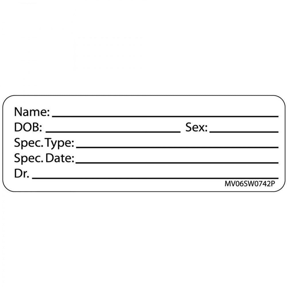 Label Paper Removable Name: Dob: Sex: Spec. 1" Core 2 15/16" X 1 White 333 Per Roll