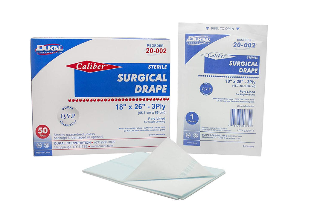 Dukal Caliber Surgical Drapes - Sterile Drape, Non-Fenestrated, 8" x 26" - 20-002