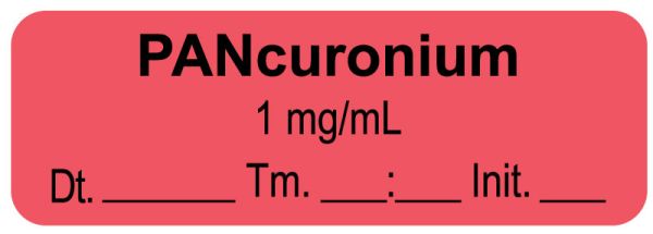 Medical Use Labels - Anesthesia Label, Pancuronium 1mg/mL Date Time Initial, 1-1/2" x 1/2"